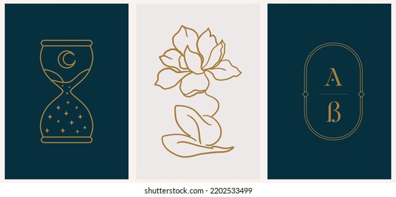 Linear minimal style logos set template with beautiful esoteric women silhouette, monogram and hourglass. Hair salon, beauty shop, organic cosmetics, spa.