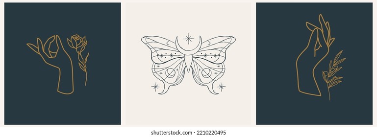 Linear minimal style logos set template with beautiful esoteric women hands, butterfly. Hair salon, beauty shop, organic cosmetics, spa.