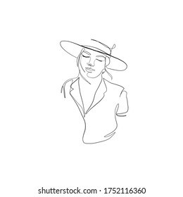 Linear minimal woman beauty face.  Sun protection head accessory. Minimal linear trendy girl in hat. Continuous line. fashion and beauty. 