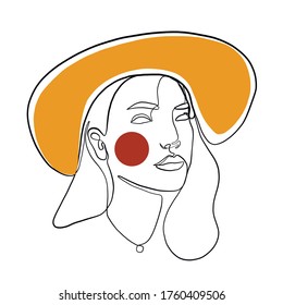 Linear minimal woman beauty face.  Sun protection head accessory. Minimal linear trendy girl in hat. Continuous line. fashion and beauty. 