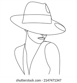 Linear minimal woman beauty face. Sun protection head accessory. Minimal linear trendy girl in hat. Continuous line. fashion and beauty.
