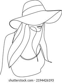 Linear minimal woman beauty face. Sun protection head accessory. Minimal linear trendy girl in hat. Continuous line. fashion and beauty.