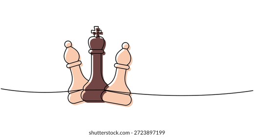 Esquema minimalista lineal de un rey del ajedrez flanqueado por dos alfiles, tonos marrones y beige suaves que resaltan la estrategia equilibrada