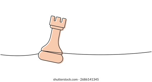 Linear minimalist outline of a light peach chess rook leaning on a line, clean abstract design of stability and defense