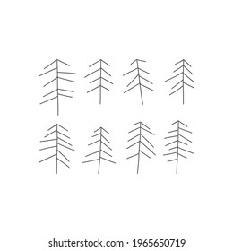 Linear minimalistic Christmas tree vector illustration set isolated on white. Abstract Xmas modern line art pine tree clipart collection. Seasonal winter holidays geometric doodle graphic design