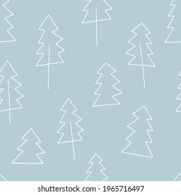 Linear minimalistic Christmas tree winter forest vector seamless pattern. Abstract Xmas modern line art pine tree background. Seasonal Christmasy holidays neutral blue geometric graphic print design
