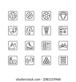 Linear, minimalistic flat vector Sports icons for websites, mobile app interface and print design. Volleyball, basketball, football, boxing, horseback riding, badminton, snowboarding,skating, skiing