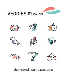 Linear minimalistic icon set representing different vegetables, for example bell pepper, peas, onion, tomato, pumpkin, broccoli, cucumber and garlic.
