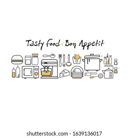 A linear minimalistic logo, composition, depicts kitchen tools and food on a white background, with the inscription tasty food, Bon appetit.