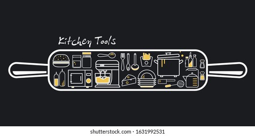Linear minimalistic logo, which depicts kitchen tools and food on a black background.
