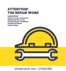 Linear minimalistic poster in flat style, repair of the road. Vector illustration.