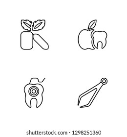 Linear Mint gum, Dental floss, Apple, Tweezers Vector Illustration Of 4 outline Icons. Editable Pack Of Mint gum, Dental floss, Apple, Tweezers