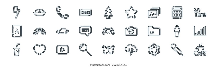 linear miscellany neon elements icon pack. vector thin line neon microphone, neon lips, phone, calculator, text, stocks, butterfly, cafe icons suitable for apps and websites ui designs