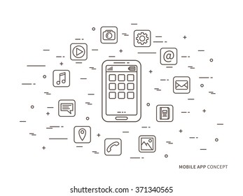 Linear mobile app (phone application) vector illustration. Smartphone app icons creative graphic concept. 
