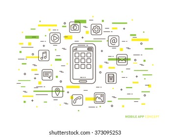 Linear mobile app (phone application, mobile content) flat vector illustration. Smartphone app icons (multimedia app, software development) graphic creative concept. Smartphone with applications.
