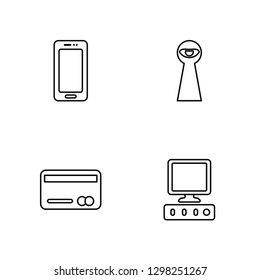 Linear Mobile, Cit card, Spyware, Computer Vector Illustration Of 4 outline Icons. Editable Pack Of Mobile, Cit card, Spyware, Computer