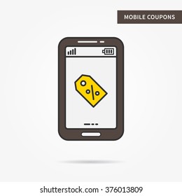 Linear mobile coupon service. Flat phone special offer (tag, discount, gift, present, certificate) app. Creative mobile retail shop invitation graphic design. Vector coupon software illustration.
