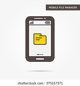 Linear mobile file manager service. Flat phone online file (folder) manager app. Mobile web online file (organisation) technology. Creative file manager design. Vector software sign illustration.
