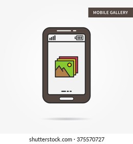 Linear mobile gallery. Flat phone image (photo, video) gallery app. Mobile web picture gallery technology symbol. Creative mobile image storage graphic design. Vector gallery software illustration.
