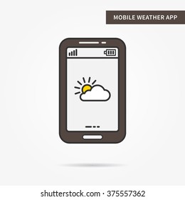 Linear mobile weather service. Flat phone online weather app. Mobile web online weather (sun, cloud) technology symbol. Creative mobile weather graphic design. Vector weather software illustration.
