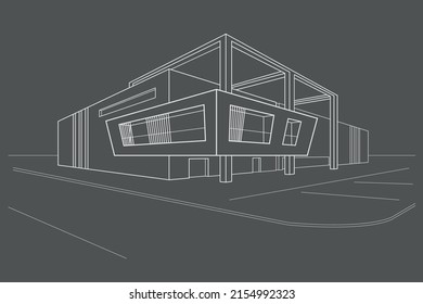 Linear modern abstract building with overhanging part on gray background