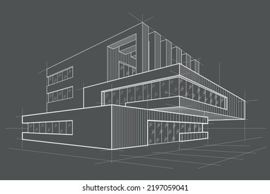 Linear modern abstract sketch - cottage with overhanging part on gray background