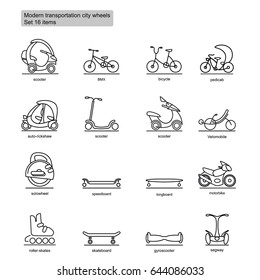 Linear modern city transport icons set with vehicles for urban transportation in monochrome style isolated vector illustration