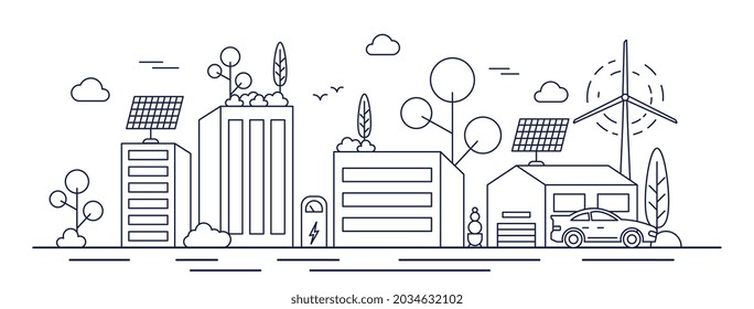 Vista lineal moderna de la ciudad con infraestructura y vehículos ecológicos, paneles solares y cargador de autos eléctricos. Esbozar el paisaje urbano con energía alternativa. Ilustración vectorial de dibujos animados planos