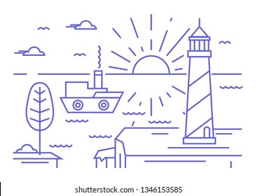 Linear modern landscape. Seascape with sunset and sunrise.Lighthouse on the shore.