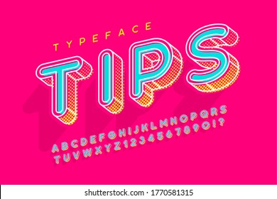 Linear modern popart alphabet design, letters and numbers. Swatch color control. 13 degree skew