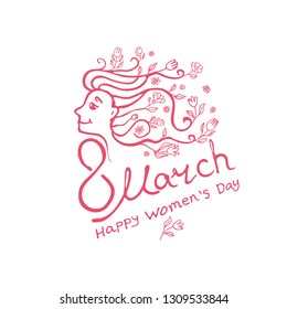 Linear modern vector template with female face with flowers in her hair and lettering design. 8 March greeting card. Happy Women's Day. Elegant vector template for spring design.
