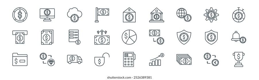 linear money icon pack. vector thin line currency exchange, computer, cloud, tings, rising, alert, dataphone, trophy icons suitable for apps and websites ui designs