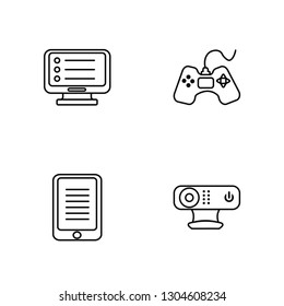 Linear Monitor, Mobile, Console, Webcam Vector Illustration Of 4 outline Icons.  