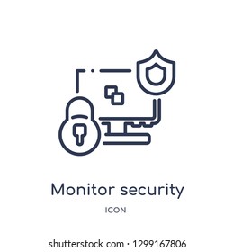 Linear monitor security icon from Internet security and networking outline collection. Thin line monitor security icon isolated on white background. monitor security trendy illustration