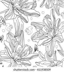 linear monochrome abstract background with tsvetami and branches and squirrels and birds on a white background, can be used for printing onto fabric and colouring page