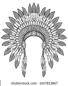 Linear monochrome drawing: ancient American Indian head dress.  Vector illustration isolated on a white background. Print, poster, T-shirt, postcard.