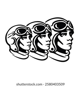 linear monochrome icon group of pilots in a row vector simple