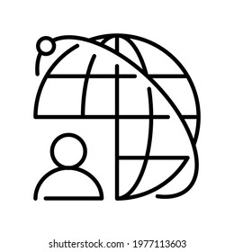 Linear monochrome outsourcing icon vector illustration. Outline logo global interaction communication people to each other isolated. Freelancer and company cooperation use digital internet technology