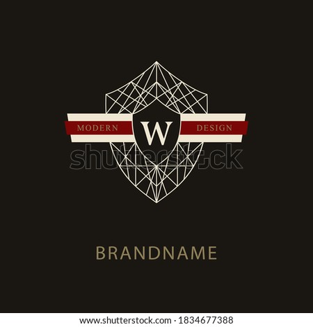 Linear Monogram. Geometric Coat of Arms. Letter W. Elegant logo. Calligraphic Luxury emblem. Graphics Style. for Book Design, Invitation, Brand Name, Security, Boutique, Hotel. Vector illustration