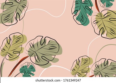 Linear Monstera Leaf seamless with abstract shapes for print, fabric, wallpaper. Scandinavian aesthetic background. Hand drawn floral background.