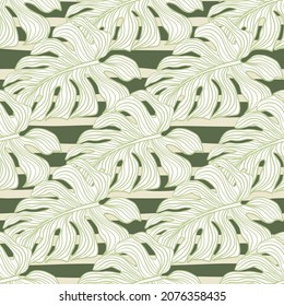 Linear monstera outline seamless pattern. Tropical leaves on stripe background. Abstract tropical botanical wallpaper. Design for fabric , textile, surface, wrapping paper. Vector illustration