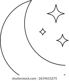 linear moon, linear stars, simple and elegant black and white line drawing of a crescent moon accompanied by three sparkling stars. Minimalist design perfect for night-themed projects, astrology