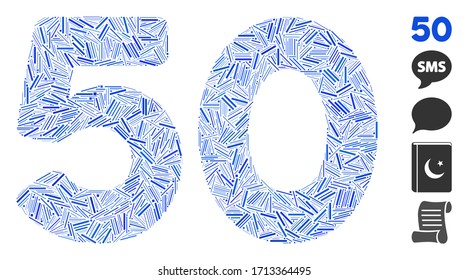 Icono de texto de mosaico lineal de 50 dígitos unido a partir de elementos finos en tamaños aleatorios y tonos de color. Los elementos de rayado vectorial se unen en un icono de texto de composición abstracta de 50 dígitos. Se añaden pictogramas bonificados.