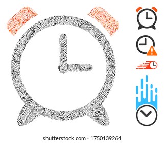 Linear mosaic alarm clock icon organized from narrow elements in random sizes and color hues. Linear elements are composed into abstract vector mosaic alarm clock icon. Bonus pictograms are placed.
