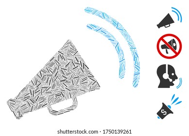 Linear mosaic announce horn icon organized from straight elements in random sizes and color hues. Linear elements are united into abstract vector mosaic announce horn icon. Bonus pictograms are added.