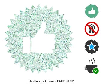 Linear mosaic approval rosette icon united from thin items in random sizes and color hues. Linear elements are organized into abstract vector mosaic approval rosette icon. Bonus icons are placed.