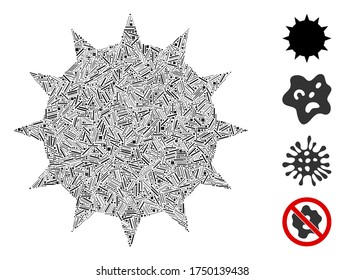Lineares Mosaikbakterium, das aus schmalen Elementen in unterschiedlichen Größen und Farbtönen besteht. Lineare Elemente sind in abstraktes Vektormosaikbakteriensymbol gruppiert. Bonussymbole werden hinzugefügt.