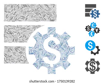Linear mosaic bank database options icon organized from thin items in random sizes and color hues. Linear items are organized into abstract vector collage bank database options icon.