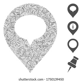 Linear mosaic banner marker icon organized from thin items in different sizes and color hues. Lines items are composed into abstract vector mosaic banner marker icon. Bonus pictograms are placed.