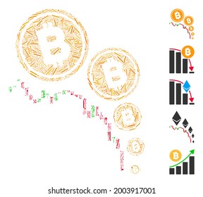 Mosaico lineal Icono de gráfico de deflación de bitcoin organizado a partir de elementos rectos en tamaños aleatorios y tonos de color. Los elementos de la línea vectorial se organizan en un icono abstracto del gráfico de deflación de Bitcoin en mosaico.